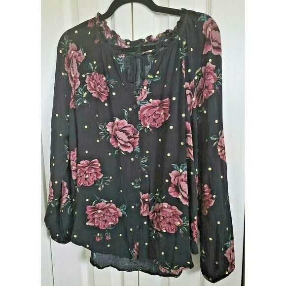 Torrid 1 Tunic Blouse Size 1 Black Pink Floral Button Front Gold Dots 1X 18/20 - Picture 1 of 9